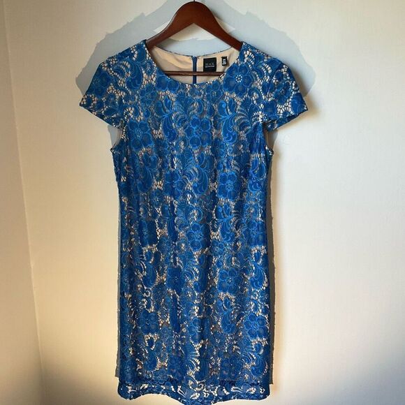 Black Saks Fifth Avenue Royal Blue Lace Overlay Dress, Medium. Elegant! - Picture 10 of 16